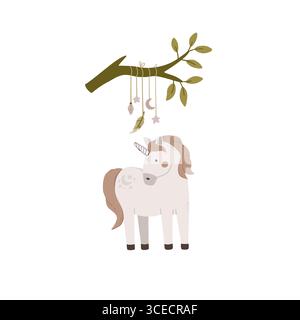 Hand drawn cute unicorn with leaves isolated on white background. Magic horn vector illustration. Childish cartoon poster with fairytale animal, invit Stock Vector