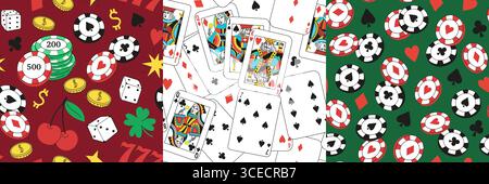Casino pattern. Seamless print of gambling game elements, money, cards and chips. Vector texture of doodle cartoon casino icons for wrapping paper or Stock Vector