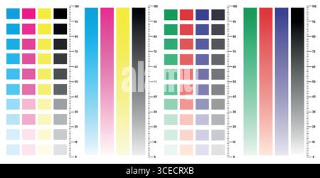 CMYK color scale. Print test chart color process separation swatch with percentages of Cyan, Magenta, Yellow and Key black inks. Vector CMYK test Stock Vector