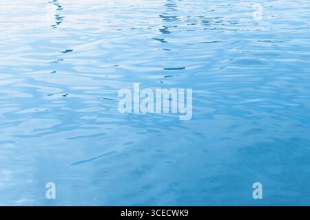 Close-up of a rippling water surface under a clear sky, showcasing gentle waves and reflections. The tranquil blue scene evokes calmness and the fluid Stock Photo