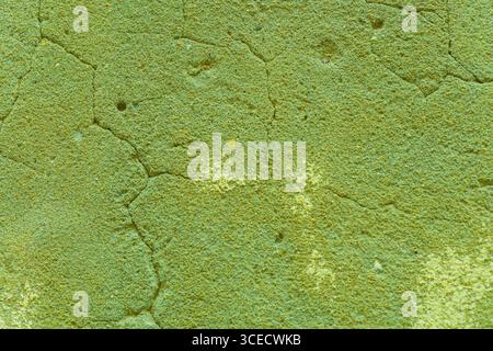 A detailed close-up of a green textured wall showcasing cracks and an irregular pattern. The rough surface highlights natural imperfections and adds a Stock Photo