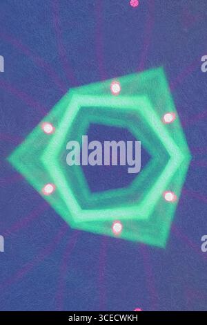A mesmerizing abstract image featuring a glowing green hexagon, surrounded by radiant pink circular lights, forming a captivating kaleidoscope pattern Stock Photo