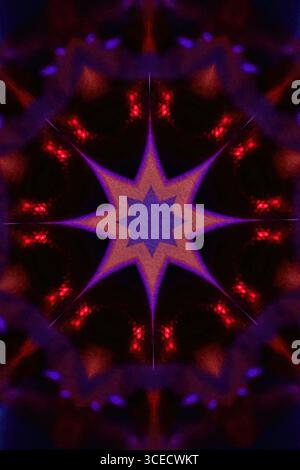 Abstract kaleidoscopic image with a central star pattern in vivid neon colors. Symmetrical red and purple hues create a dynamic, glowing effect. Perfe Stock Photo