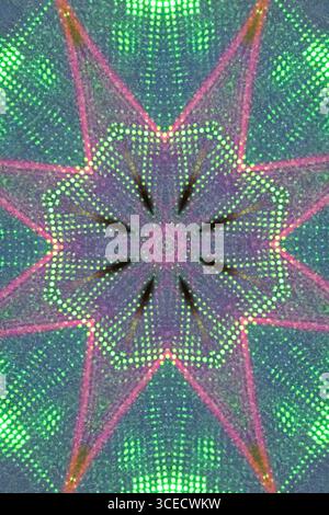 Vivid kaleidoscopic image showcasing radiant geometric patterns. The neon colors form intricate symmetrical shapes, creating a glowing futuristic digi Stock Photo