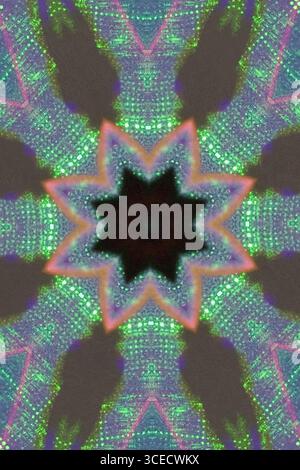 Abstract kaleidoscopic design with vivid, glowing colors forming intricate geometric patterns. Symmetrical shapes create a psychedelic, futuristic vis Stock Photo