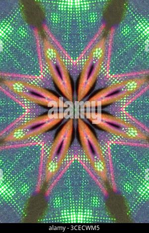 Abstract kaleidoscopic design with vivid neon colors creating a symmetrical geometric pattern. The luminous green and pink hues form a futuristic, psy Stock Photo