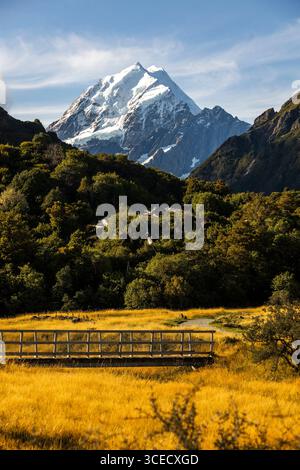 Stunning beauty of Mount Cook in New Zealand during autumn. Golden foliage and clear skies create a breathtaking landscape at this iconic location. Stock Photo