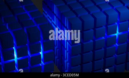 Cube structures create a captivating geometric arrangement highlighted by blue light, showcasing modern design concepts and technological inspiration. Stock Photo