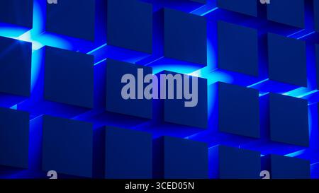 Cube structures create a captivating geometric arrangement highlighted by blue light, showcasing modern design concepts and technological inspiration. Stock Photo