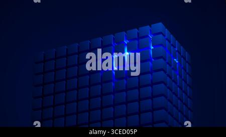Cube structures create a captivating geometric arrangement highlighted by blue light, showcasing modern design concepts and technological inspiration. Stock Photo
