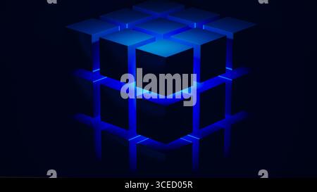 Cube structures create a captivating geometric arrangement highlighted by blue light, showcasing modern design concepts and technological inspiration. Stock Photo