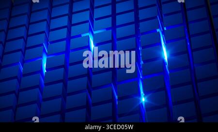 Cube structures create a captivating geometric arrangement highlighted by blue light, showcasing modern design concepts and technological inspiration. Stock Photo