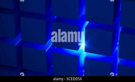 Cube structures create a captivating geometric arrangement highlighted by blue light, showcasing modern design concepts and technological inspiration. Stock Photo