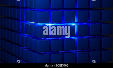 Cube structures create a captivating geometric arrangement highlighted by blue light, showcasing modern design concepts and technological inspiration. Stock Photo