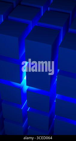 Cube structures create a captivating geometric arrangement highlighted by blue light, showcasing modern design concepts and technological inspiration. Stock Photo