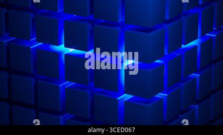 Cube structures create a captivating geometric arrangement highlighted by blue light, showcasing modern design concepts and technological inspiration. Stock Photo