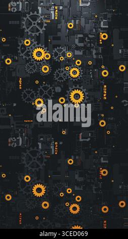 This abstract 3D background features a complex arrangement of gears in black and orange. The texture and pattern create a dynamic visual effect. Stock Photo