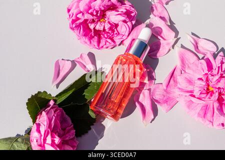 Top view of a rose oil bottle with a silver cap placed amidst vibrant pink rose petals and green leaves on a light gray background, creating a fresh, Stock Photo