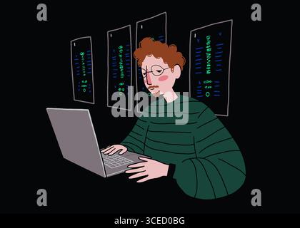 Illustration of a programmer working late at night with a laptop, surrounded by multiple screens displaying code. The setting reflects a focused work Stock Photo