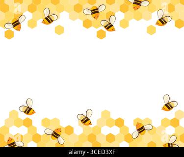 Seamless horizontal border pattern with honeycomb and honey bees. Cute beekeeping frame design isolated on white background. Vector illustration. Stock Vector