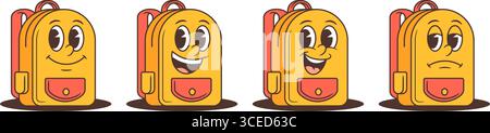 Bright cartoon school backpack mascots with expressive faces, ranging from joy and coolness to curiosity and fun. Great for educational projects, chil Stock Vector