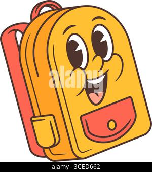 Retro cartoon school backpack mascot with lively expressive eyes, joyful open smile, and colorful coral front pocket. Perfect for educational projects Stock Vector