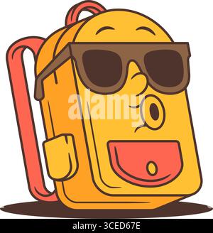 Playful yellow school backpack character with bold sunglasses and comic-style outlines. Perfect for retro cartoon mascot design, fun educational mater Stock Vector