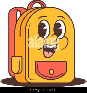 Playful school backpack mascot with wide excited eyes big toothy smile in bold retro cartoon style. Perfect for children content, educational themes o Stock Vector