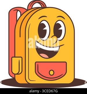 Playful school backpack mascot with large eyes, open smile and bold outlines in cartoon style. Perfect for kids designs, fun educational themes. Retro Stock Vector