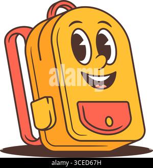 Bright cartoon school backpack mascot with big oval eyes, joyful grin, and bold red pocket. Perfect for educational projects, children branding, schoo Stock Vector