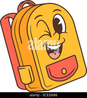 Playful school backpack mascot in yellow with orange accents, winking face, wide smile. Perfect for retro cartoon character, educational visuals, back Stock Vector