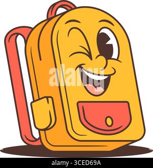 Yellow school backpack mascot with one winking eye, big smile, and retro comic look. Ideal for funny cartoon character concepts, back-to-school visual Stock Vector