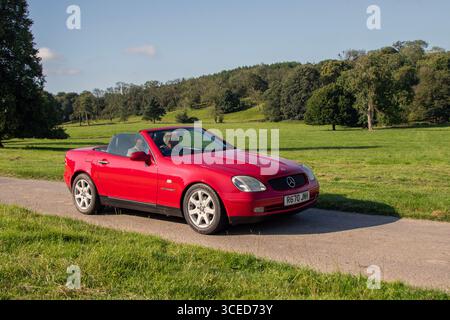 1998 90s nineties Red Mercedes Slk 230 Kompressor Auto SLK230 Kompressor Auto Car Roadster Petrol 2298 cc, first-generation (R170) model; Wheels Up North, Renntag high peformance vehicles enthusiasts show event at Leighton Hall Estate, Carnforth, UK Stock Photo