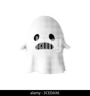 Sad ghost vector illustration in black and white halftone style. Minimal cartoon character with spooky emotion. Isolated Halloween design for posters Stock Vector
