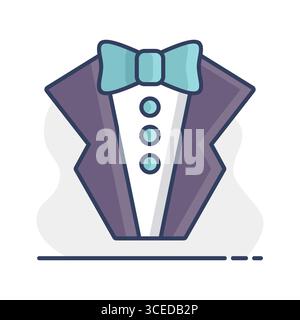 Man jacket. Tuxedo. Weddind suit with bow tie isolated icon. Vector illustration, romance elements. Sticker, patch, badge, card for marriage, valentin Stock Vector
