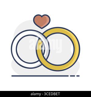 Wedding rings with a heart isolated icon. Vector illustration, romance elements. Sticker, patch, badge, card for marriage, valentine Stock Vector