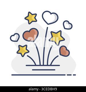 Fireworks explosion splash with stars and hearts isolated icon. Vector illustration, romance elements. Sticker, patch, badge, card for marriage, valen Stock Vector