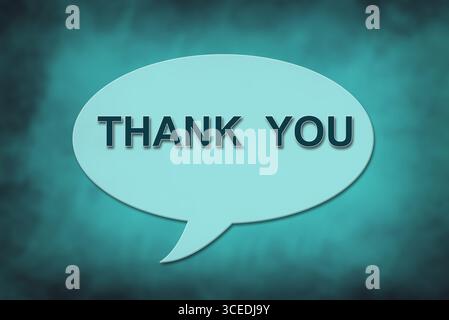Thank you text in the bubble speech on a blurry blue background Stock Photo