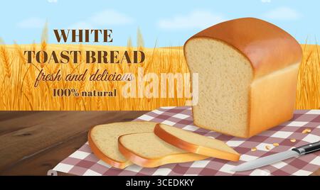 Bakery background. Wheat bread ad. Flour toast. 3D food slices on tablecloth. Tasty baked product cutting. Textile napkin and kitchen knife on wooden table. Cereal ears field. Vector banner design Stock Vector
