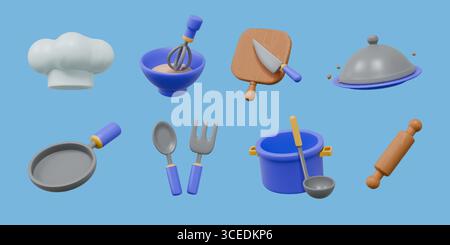 Cooking icons. 3D chef accessory. Kitchen utensil for restaurant. Appliance tool. Cutting board. Food plate and meal knife. Cute cooker spatula. Frying pan and saucepan. Vector plastic objects set Stock Vector