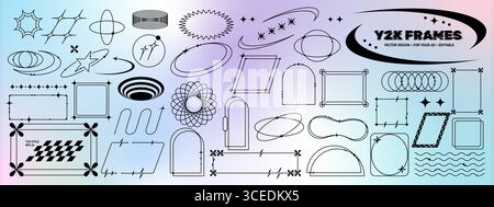 Y2K shapes. Galaxy cosmic form, abstract geometric cosmic elements or trendy outline minimal blast, burst. Decorative collection for posters and cards design with star and flowers. Vector isolated set Stock Vector