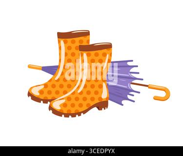A charming vector illustration features yellow polka dot rain boots and a classic walking umbrella. The cheerful design captures the essence of playfu Stock Vector