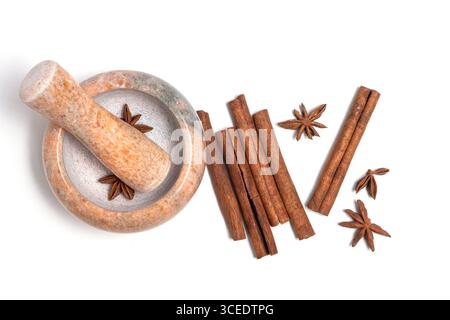 Mortar and pestle with cinnamon sticks isolated on white background Stock Photo