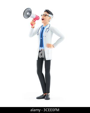 3d cartoon doctor making an announcement with megaphone, illustration isolated on white background Stock Photo
