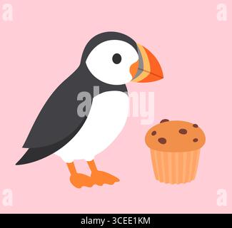 Cute cartoon puffin bird with a muffin. Funny vector illustration. Stock Vector