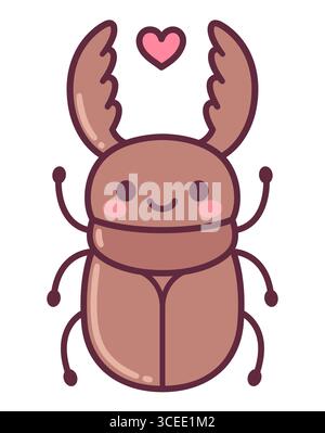 Stag beetle drawing in simple cute cartoon style with kawaii face and heart. Hand drawn vector clipart illustration. Stock Vector