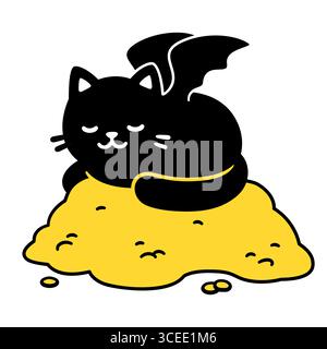 Cute cartoon black cat dragon sleeping on pile of gold. Funny fairy tale character drawing, simple vector illustration. Stock Vector