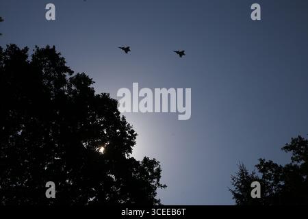 Two Saab JAS 39 Gripen jets flying in formation above treetops with sun rays piercing through foliage Stock Photo