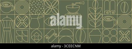 Geometric coffee pattern in minimalist style. Abstract print background with simple shapes for coffee shop, food packaging, cafe wall, menu. Coffee-themed block illustration with coffee beans, cups and other related elements Stock Vector
