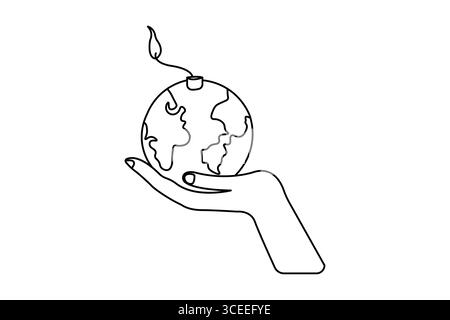 Continuous one line drawing of work earth hour in minimalist style isolate outline illustration Stock Vector